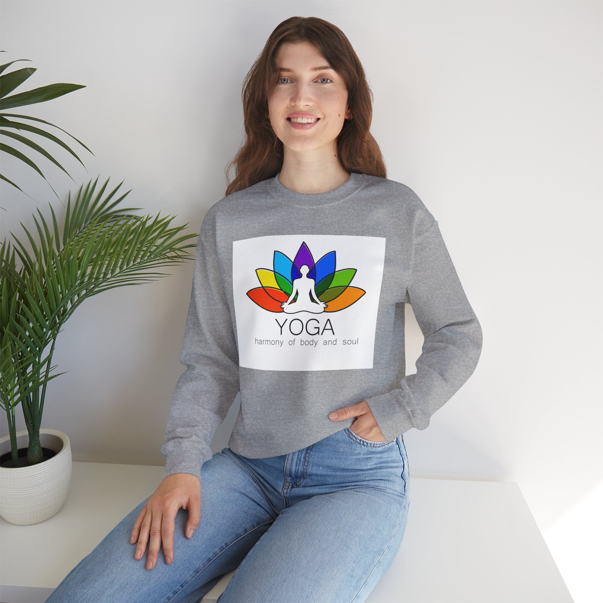 Yoga Harmony Crewneck Sweatshirt – Rainbow Lotus Meditation Design