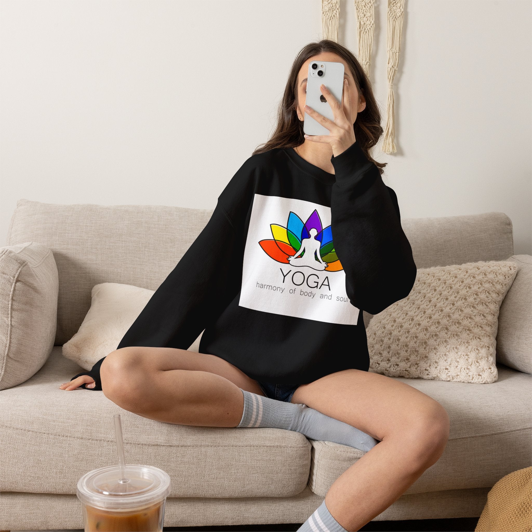 Yoga Harmony Crewneck Sweatshirt – Rainbow Lotus Meditation Design
