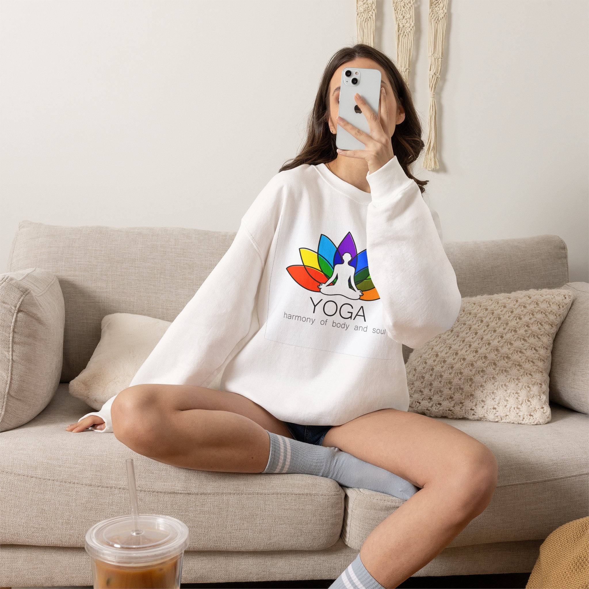 Yoga Harmony Crewneck Sweatshirt – Rainbow Lotus Meditation Design