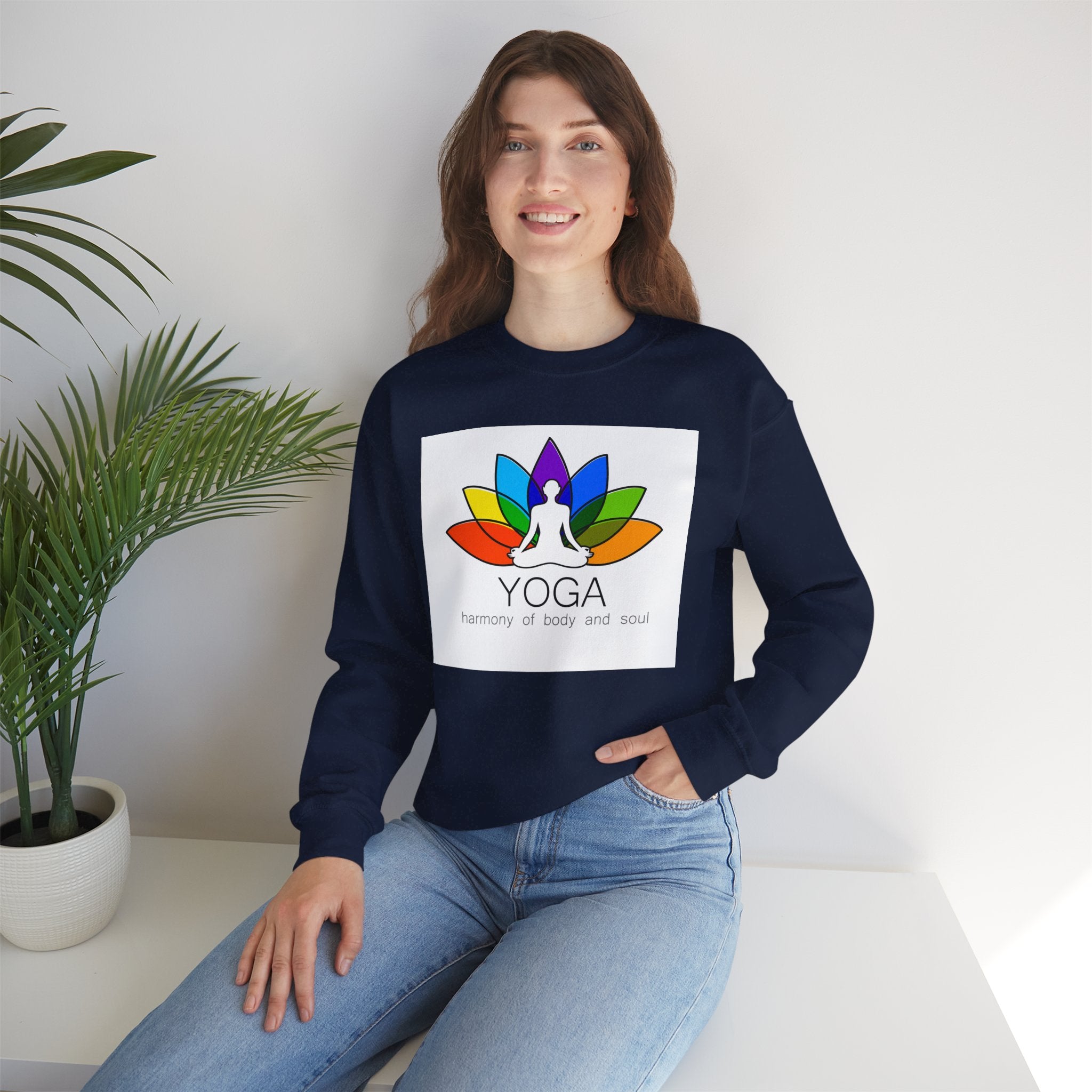 Yoga Harmony Crewneck Sweatshirt – Rainbow Lotus Meditation Design