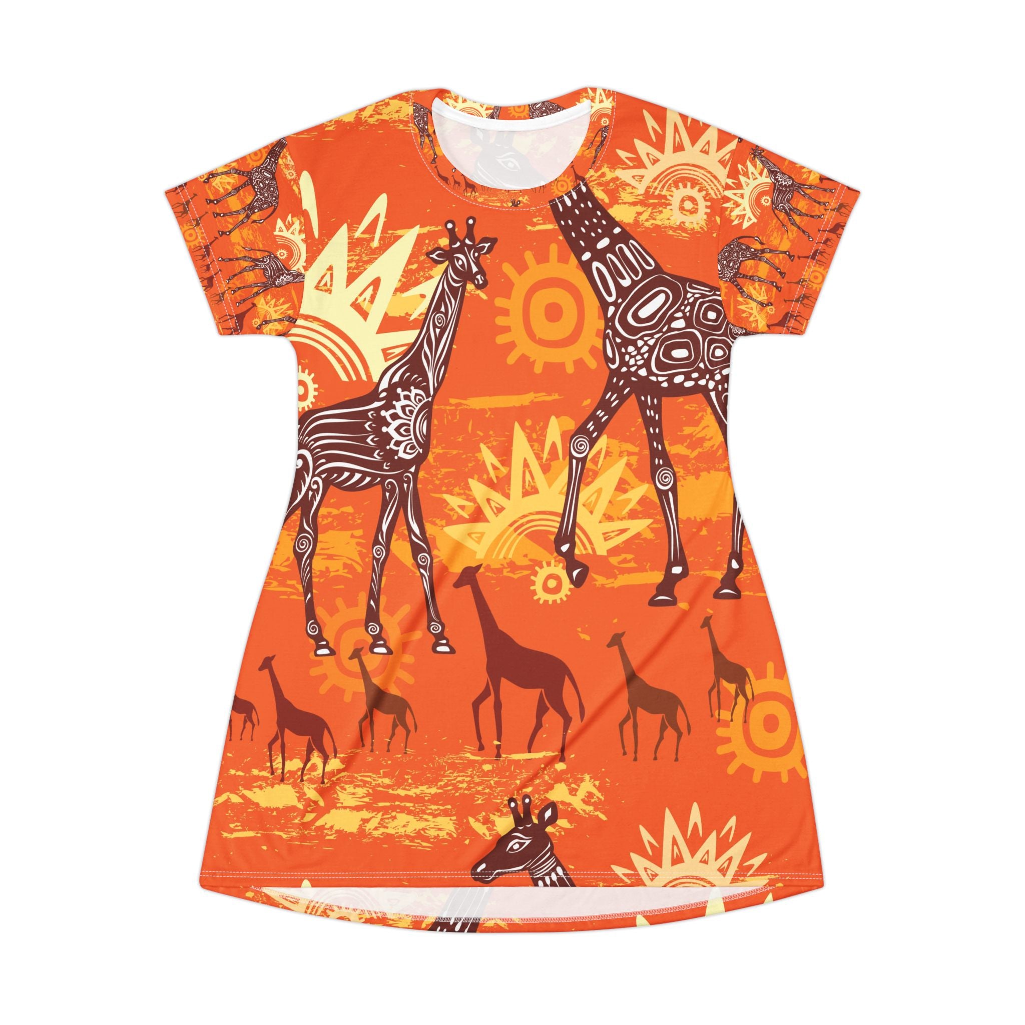 Women Giraffe Sunset T-Shirt Dress — Orange African Safari Print