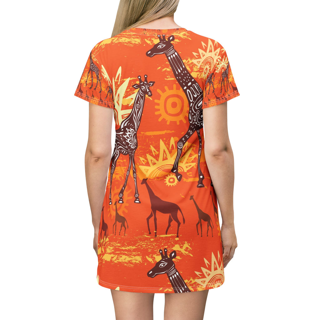 Women Giraffe Sunset T-Shirt Dress — Orange African Safari Print