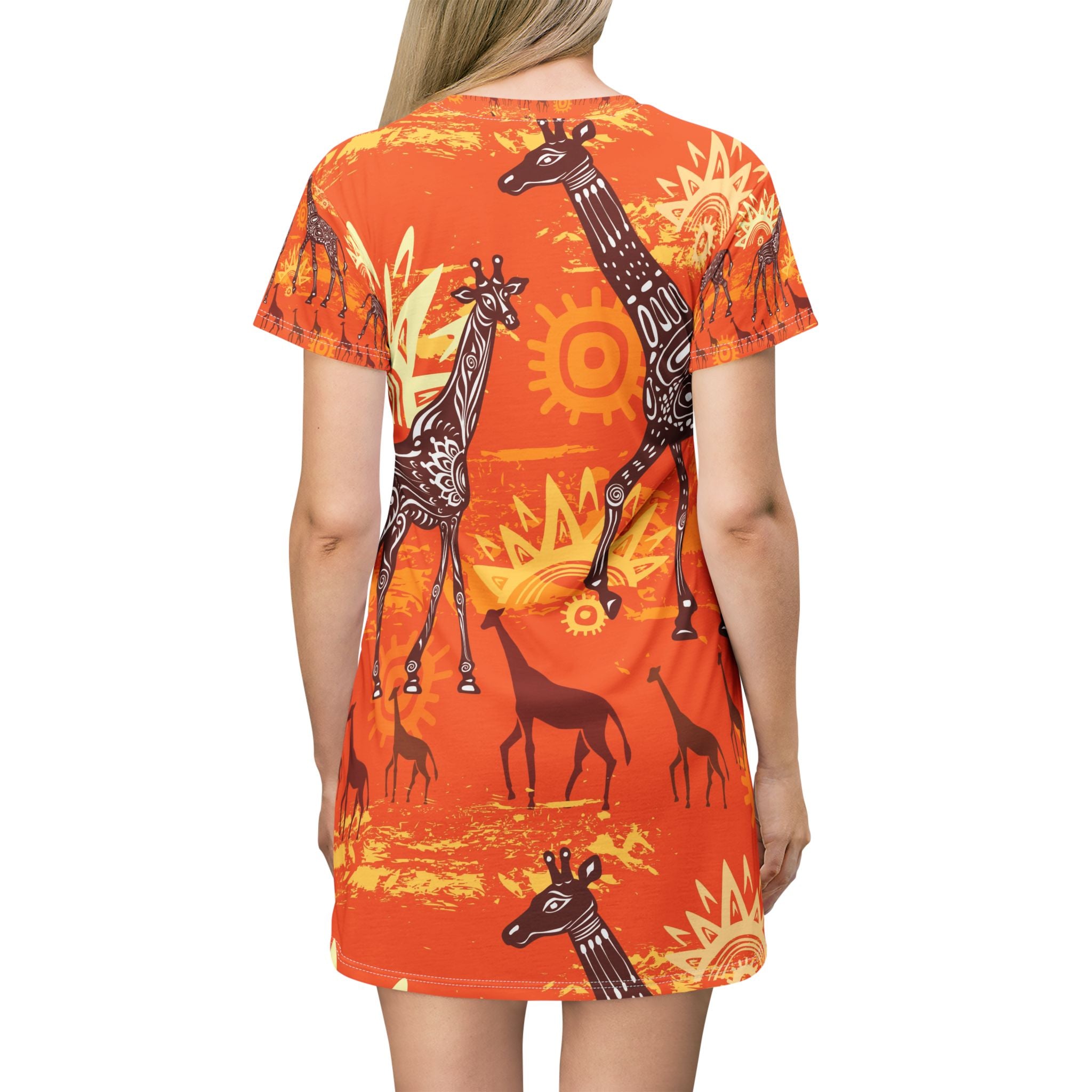 Women Giraffe Sunset T-Shirt Dress — Orange African Safari Print