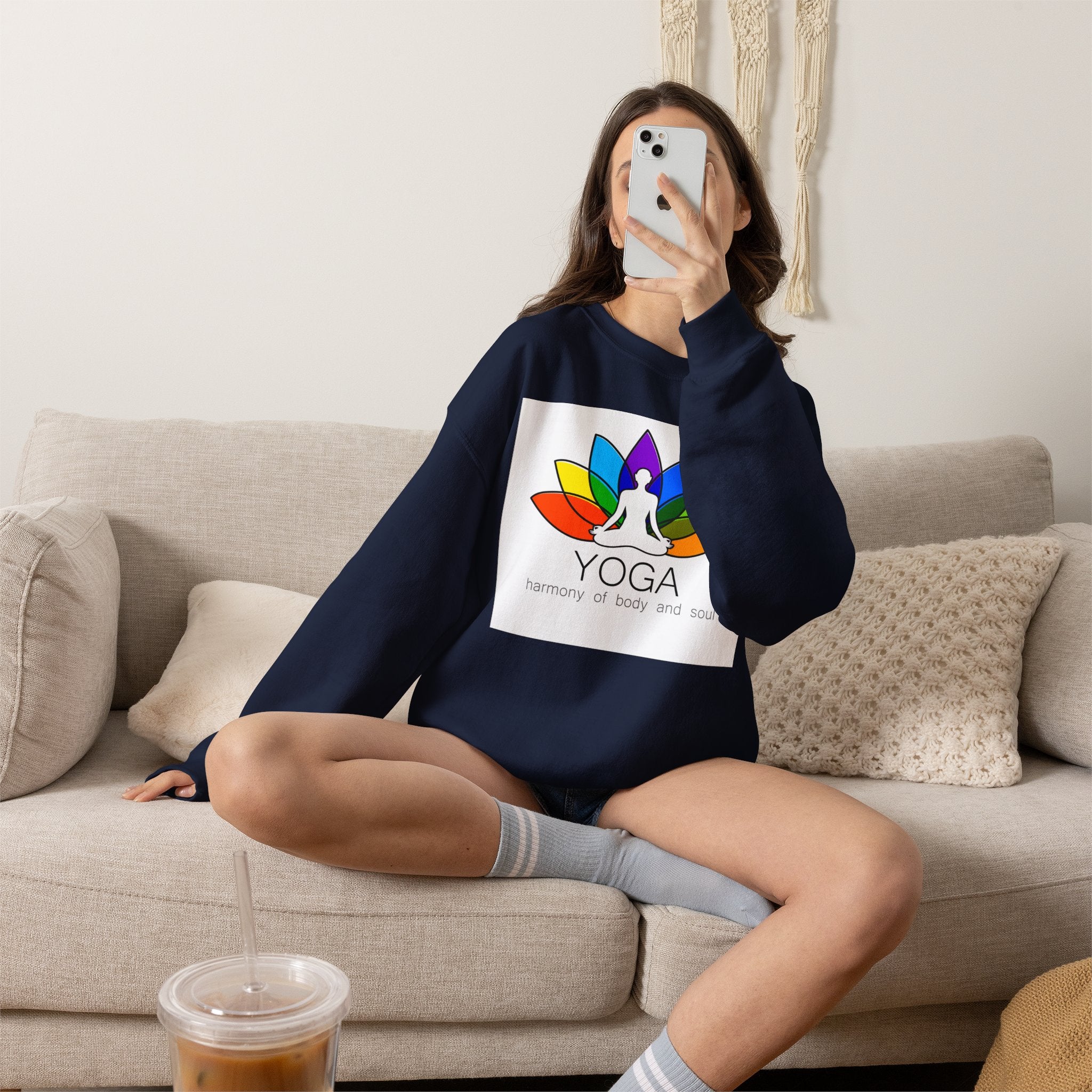 Yoga Harmony Crewneck Sweatshirt – Rainbow Lotus Meditation Design