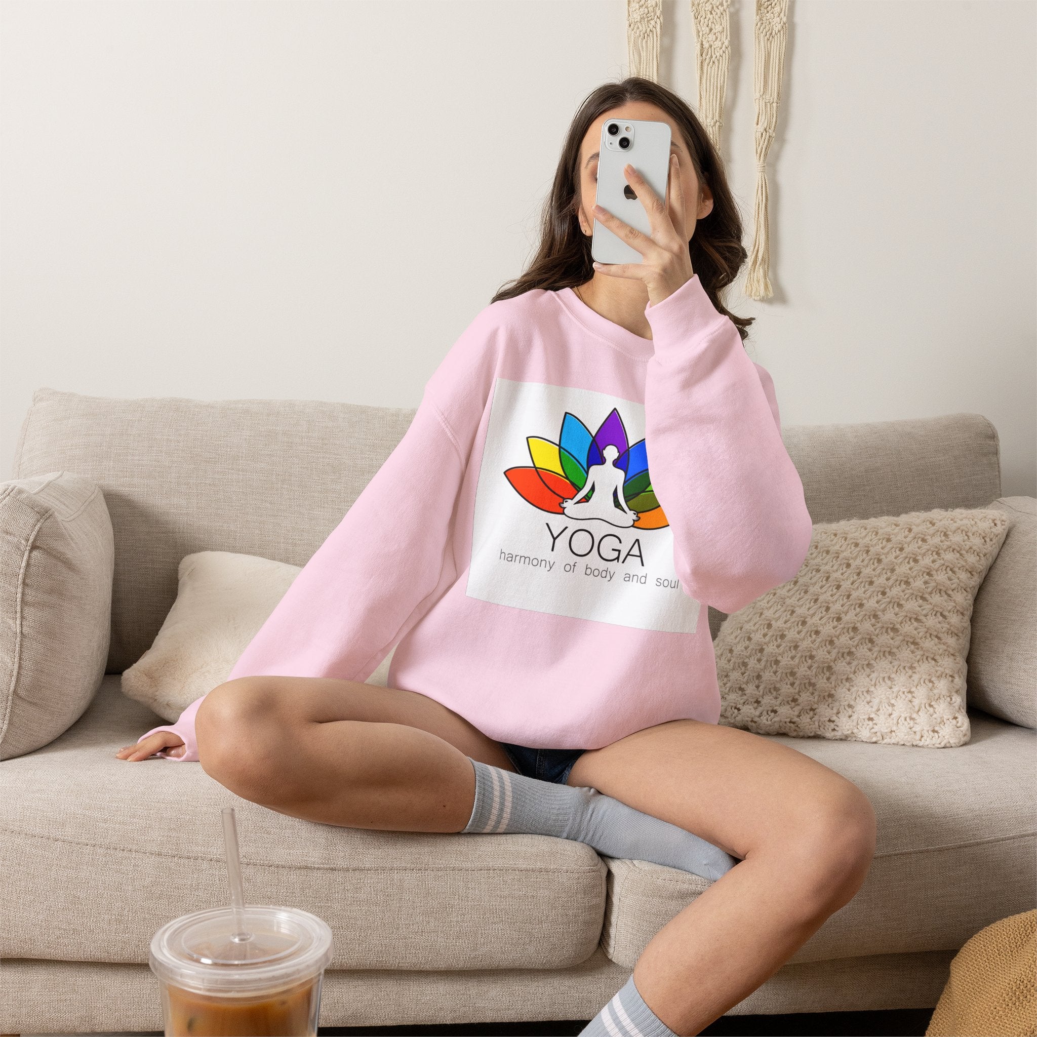 Yoga Harmony Crewneck Sweatshirt – Rainbow Lotus Meditation Design