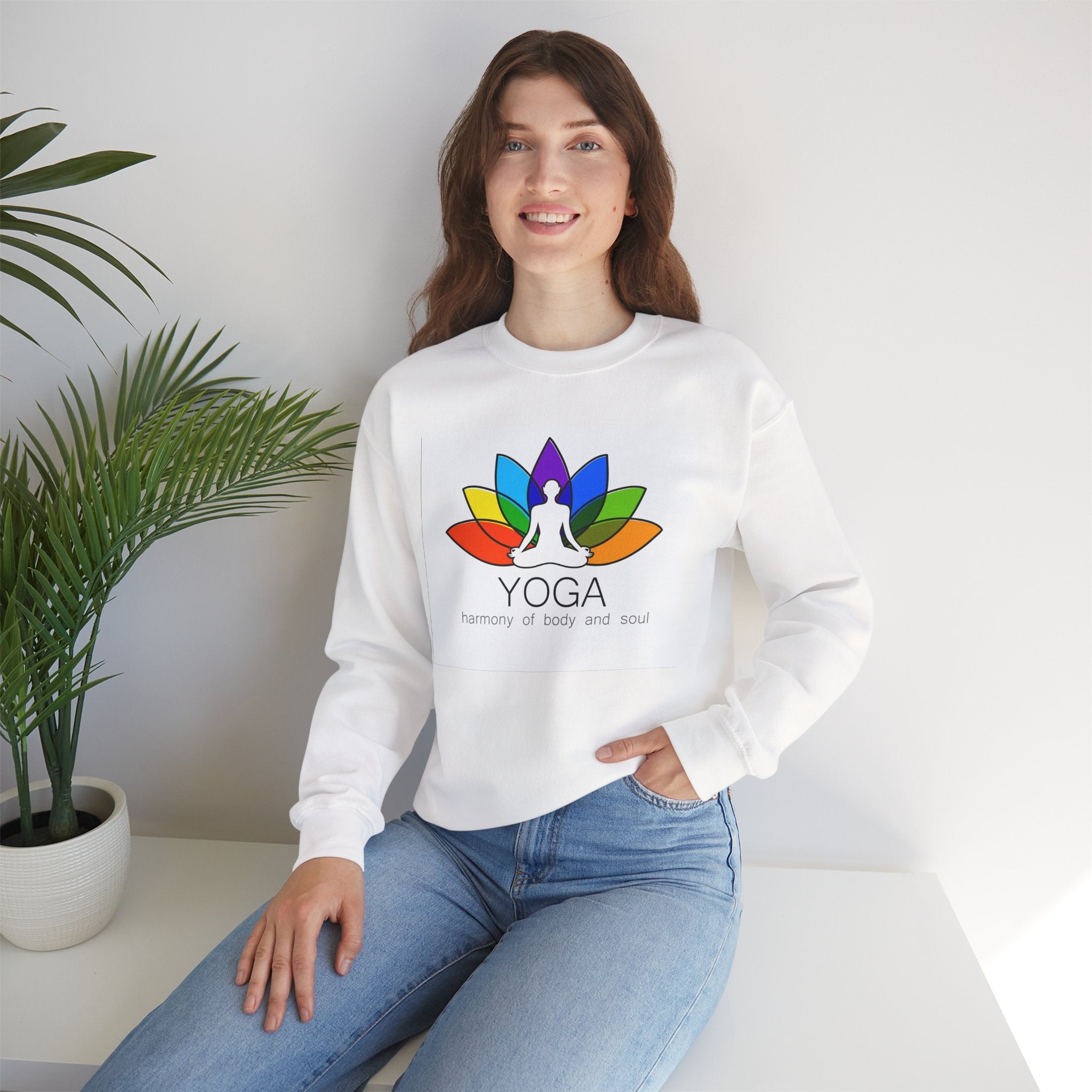 Yoga Harmony Crewneck Sweatshirt – Rainbow Lotus Meditation Design
