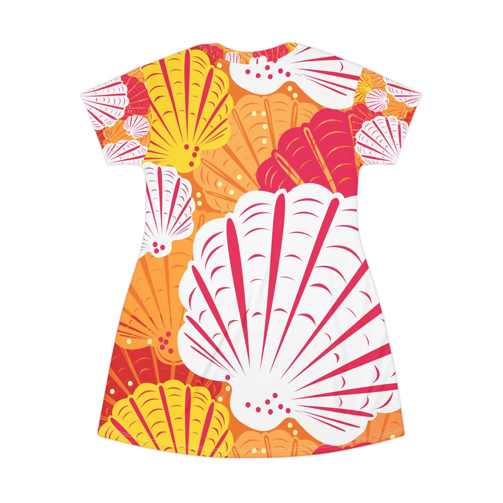 Women Seashell Print T-Shirt Dress — Bright Orange & Coral All-Over-Print Summer Dress