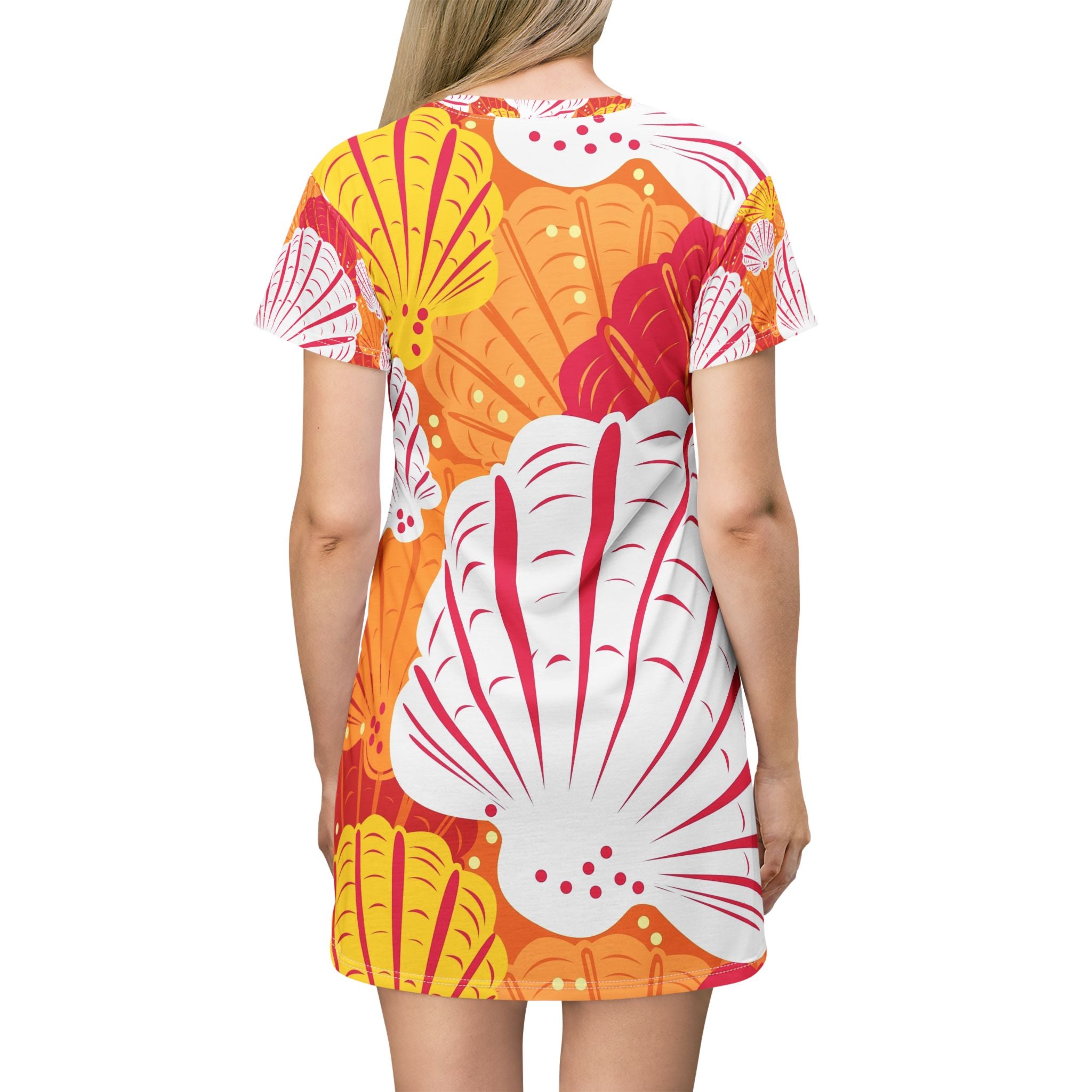 Women Seashell Print T-Shirt Dress — Bright Orange & Coral All-Over-Print Summer Dress