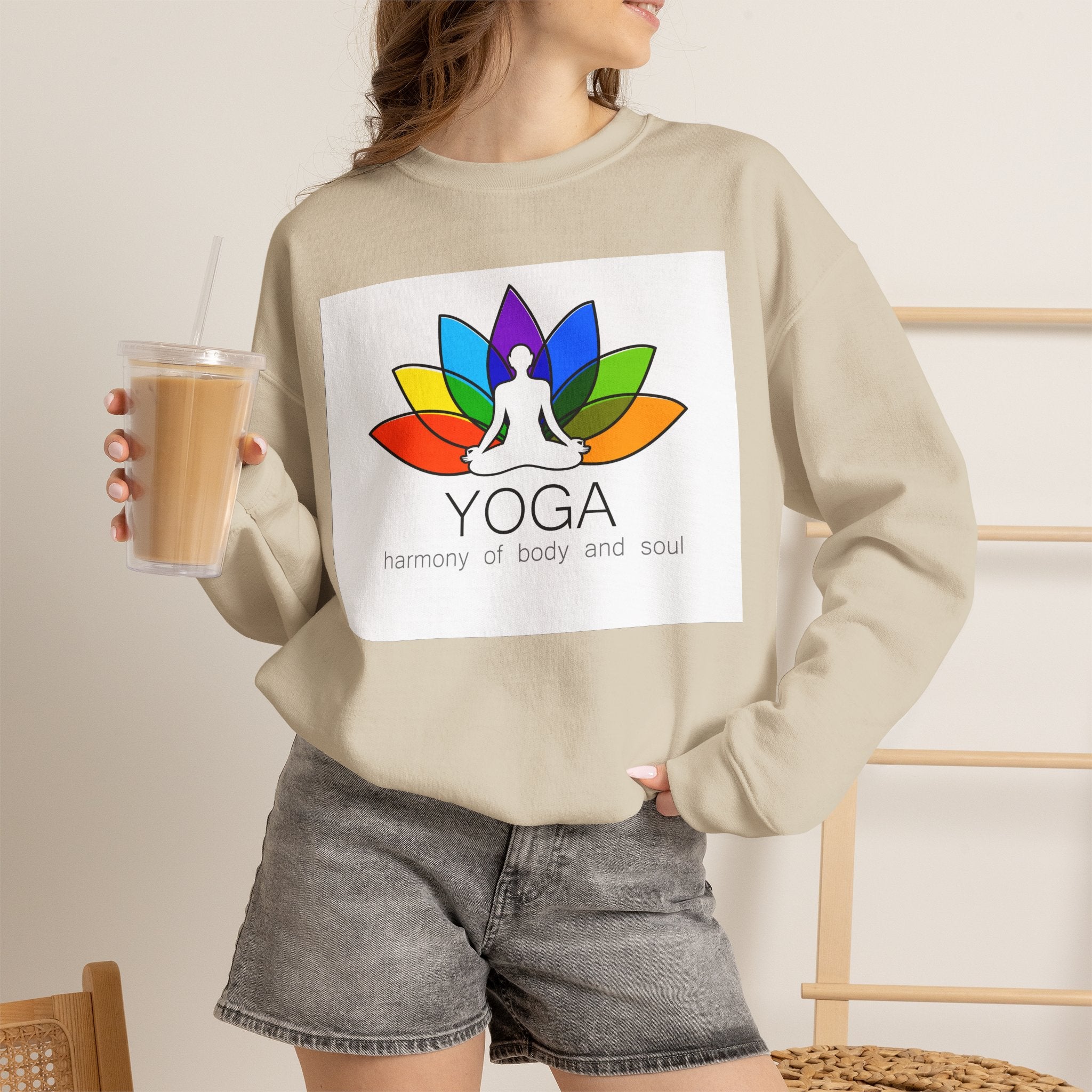 Yoga Harmony Crewneck Sweatshirt – Rainbow Lotus Meditation Design