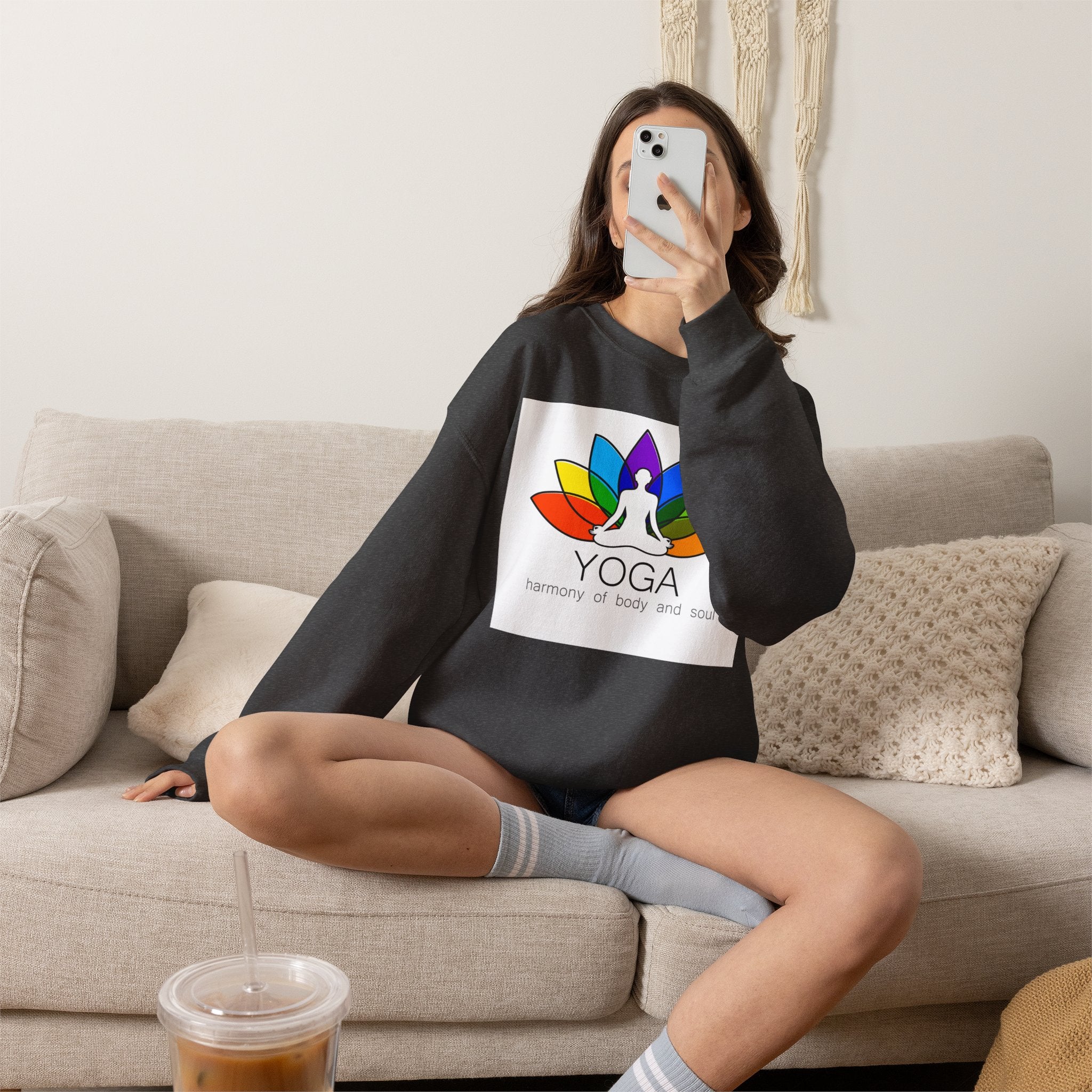 Yoga Harmony Crewneck Sweatshirt – Rainbow Lotus Meditation Design