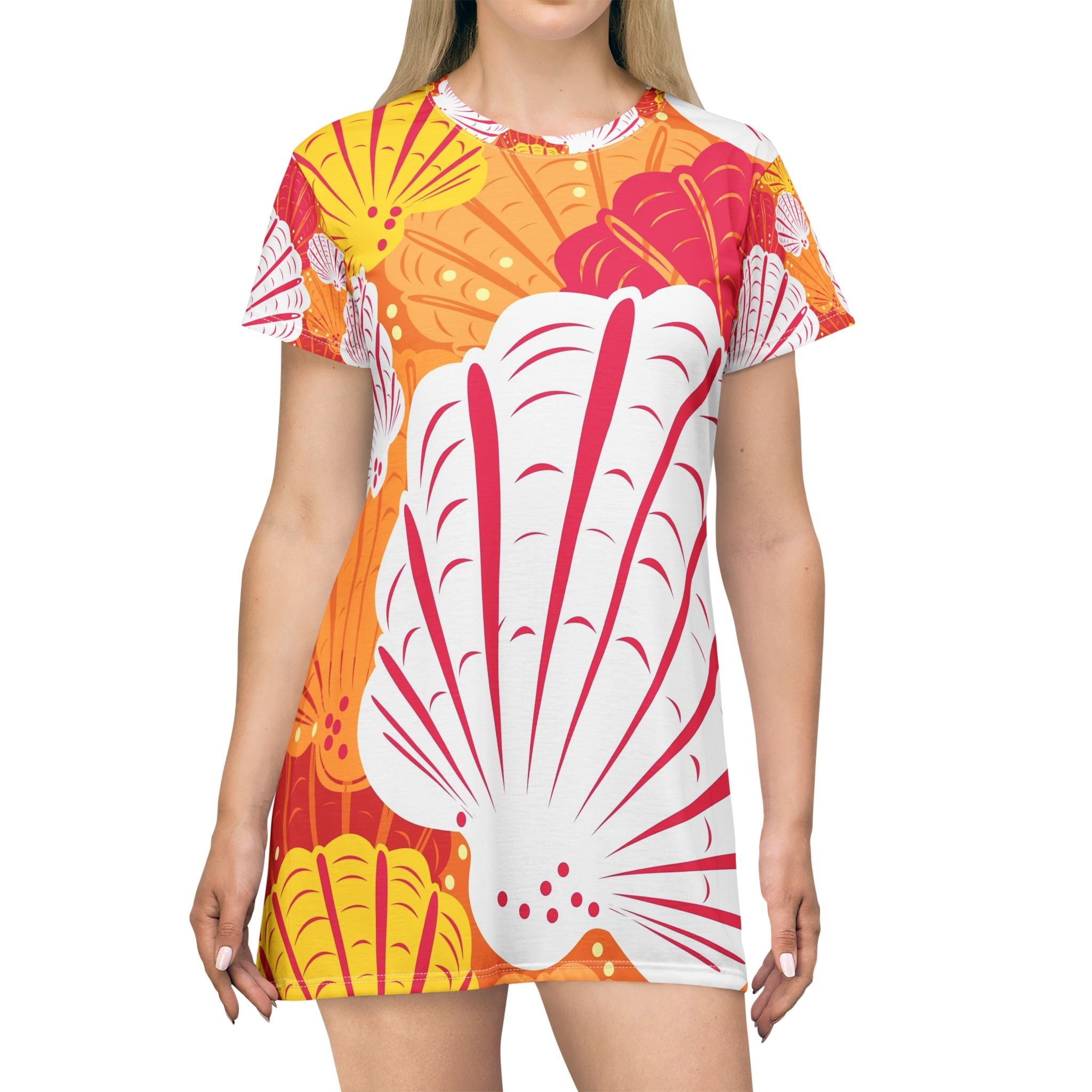 Women Seashell Print T-Shirt Dress — Bright Orange & Coral All-Over-Print Summer Dress