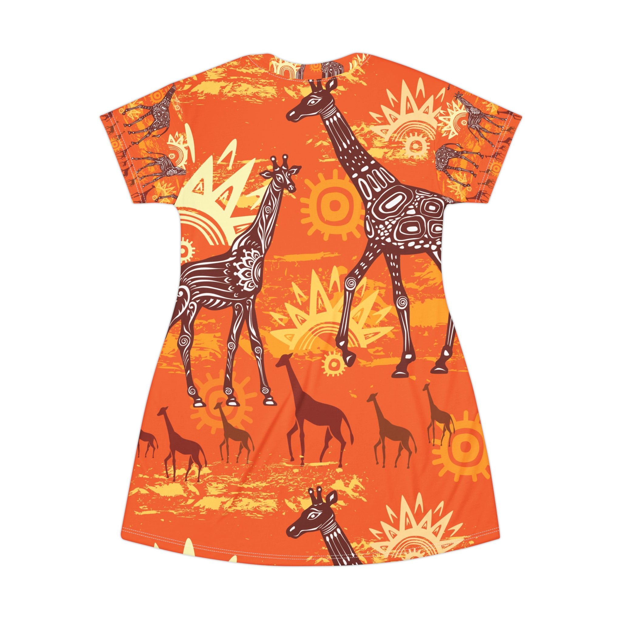Women Giraffe Sunset T-Shirt Dress — Orange African Safari Print