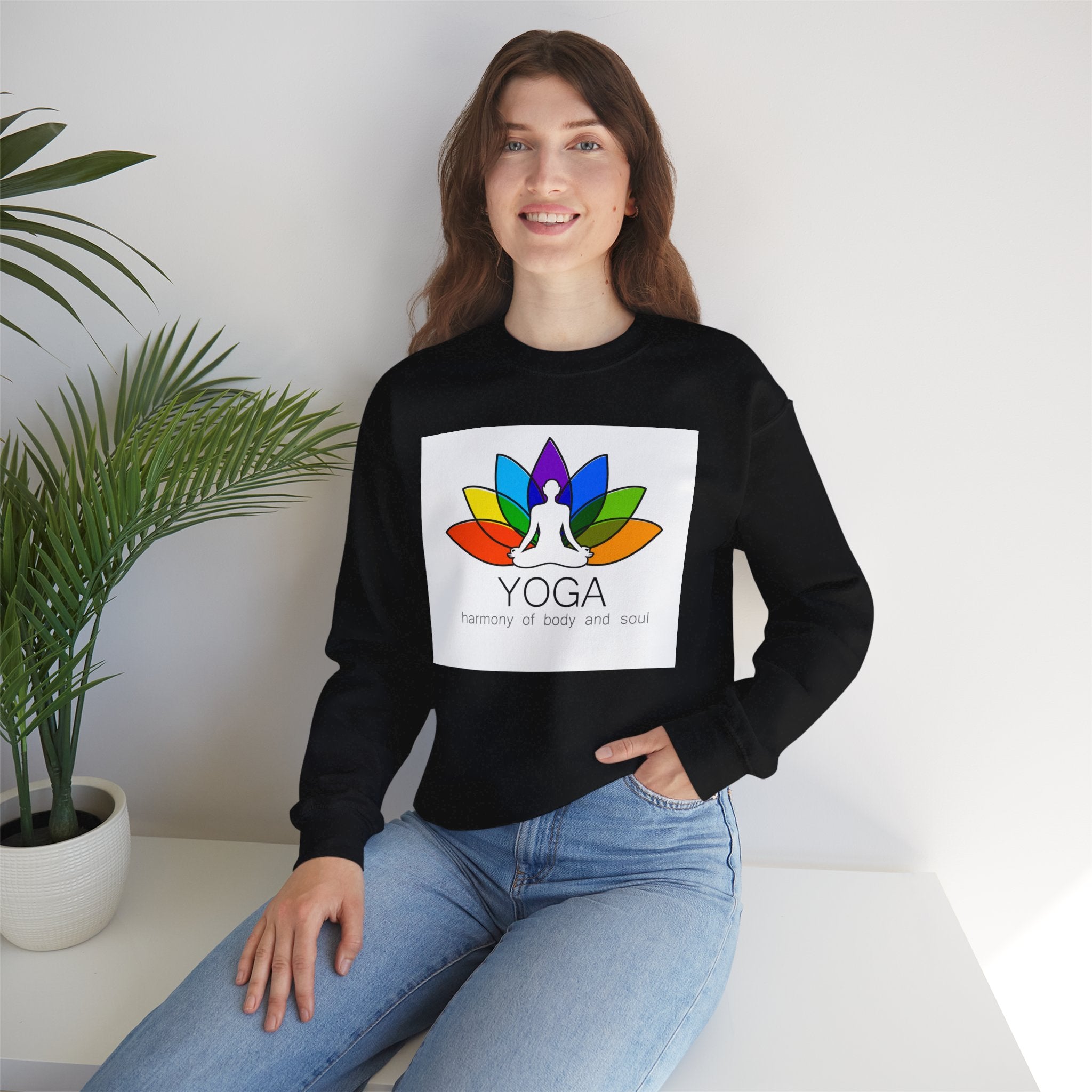 Yoga Harmony Crewneck Sweatshirt – Rainbow Lotus Meditation Design