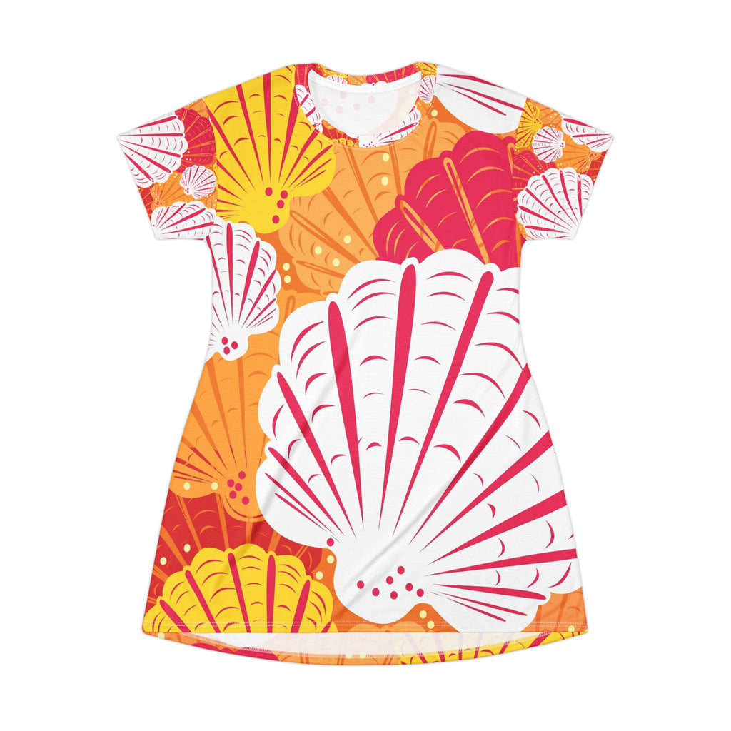 Women Seashell Print T-Shirt Dress — Bright Orange & Coral All-Over-Print Summer Dress