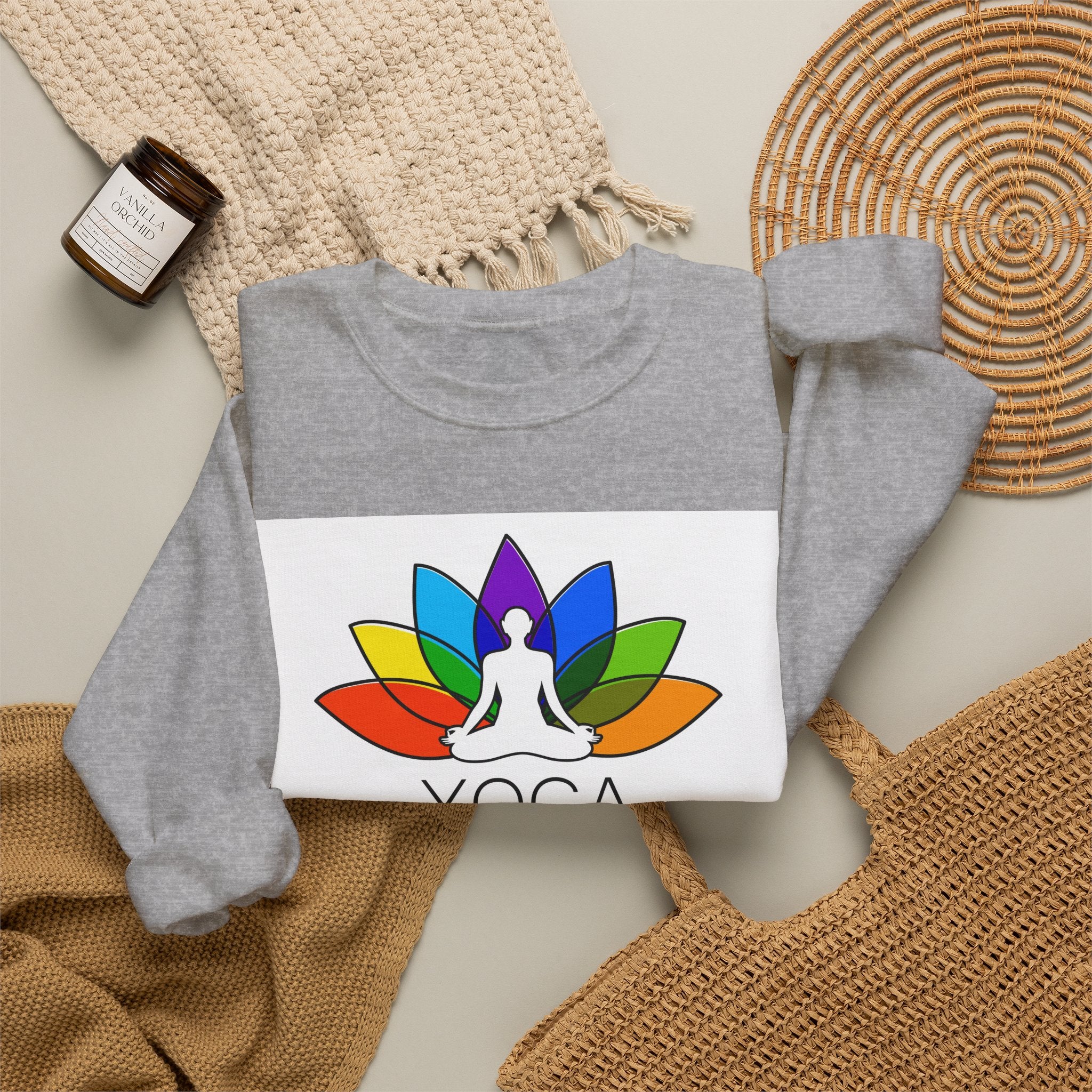 Yoga Harmony Crewneck Sweatshirt – Rainbow Lotus Meditation Design