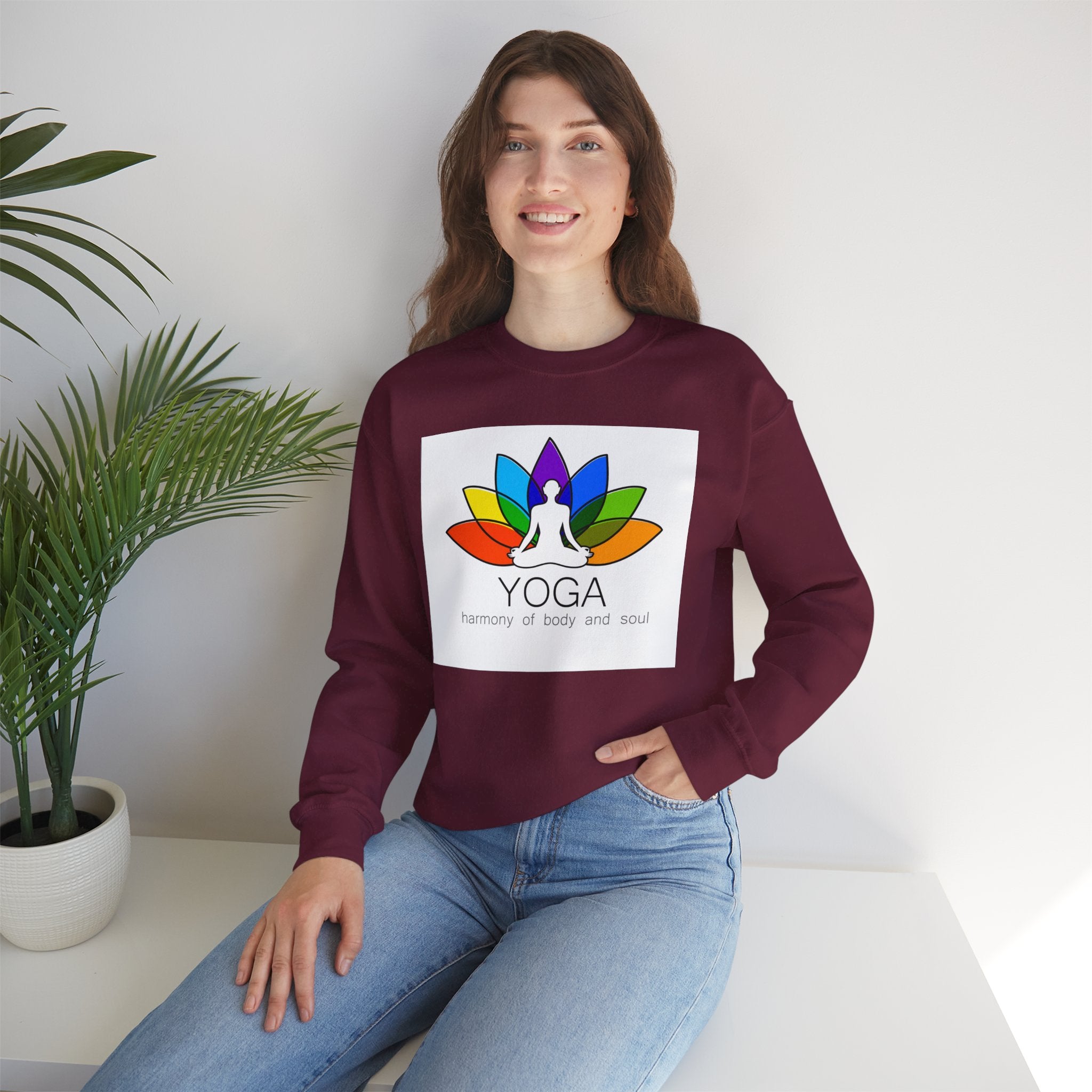 Yoga Harmony Crewneck Sweatshirt – Rainbow Lotus Meditation Design