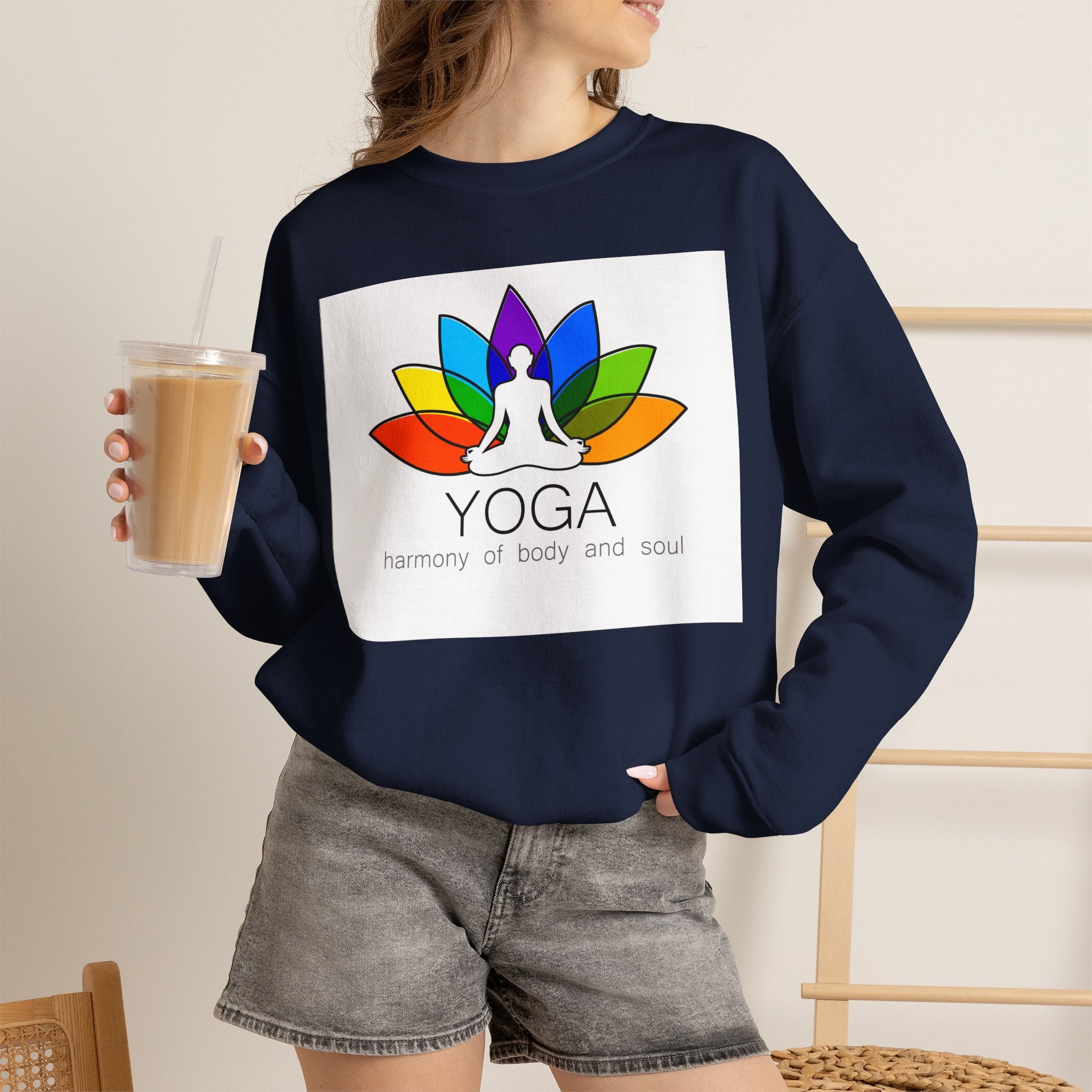 Yoga Harmony Crewneck Sweatshirt – Rainbow Lotus Meditation Design