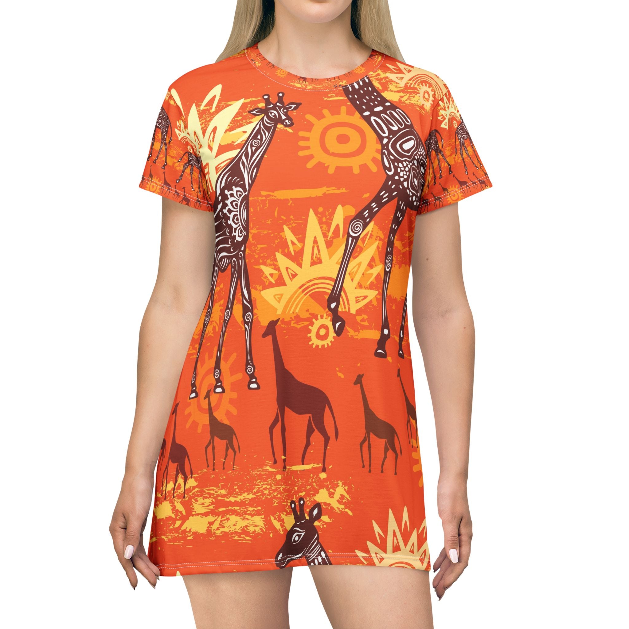 Women Giraffe Sunset T-Shirt Dress — Orange African Safari Print